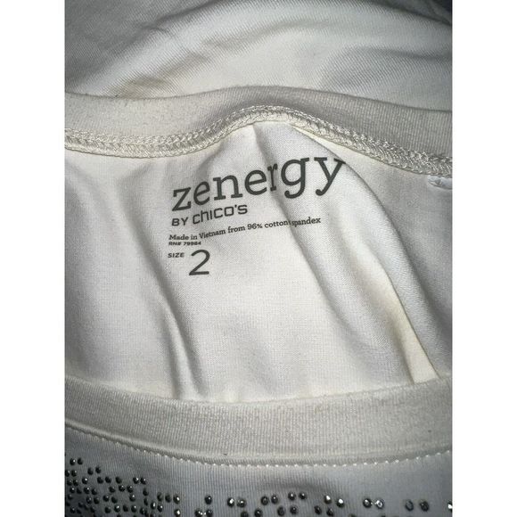Zenergy by CHICO'S Top Size L 2 Cream Silver Embellished Front 3/4 Sleeve Shirt - Picture 3 of 3